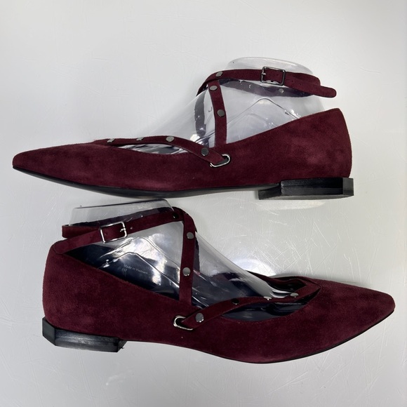 Rebecca Minkoff Faye Dark Maroon Suede Studded Straps Pointed Toe Flats Size 8 - Picture 7 of 12